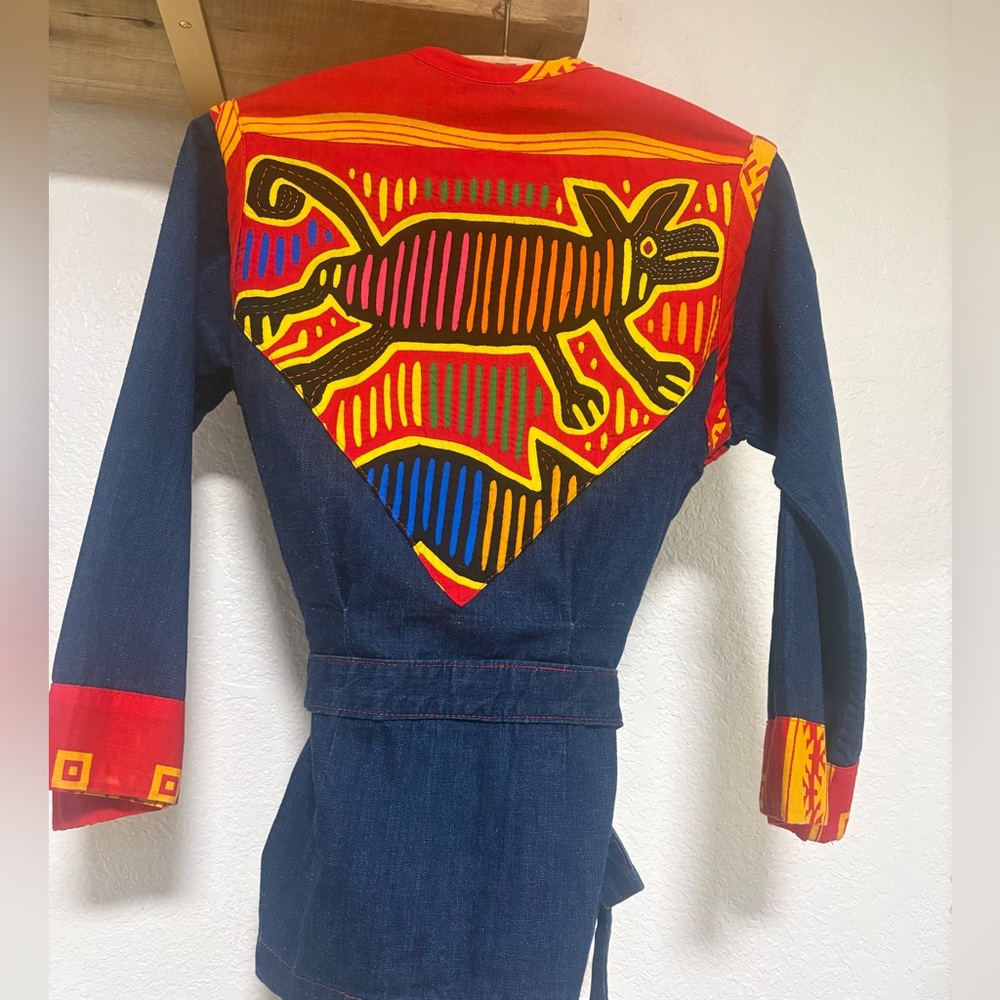 Vintage appliqué Denim Jacket with Red & Yellow Trim
